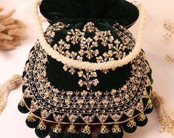 Dark Green Velvet Embroidered Potli Bag | Bridal Drawstring Pouch with Round Tassels | Indian Handcrafted Wedding Purse