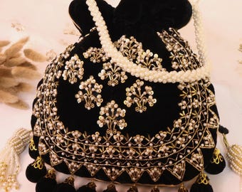 Black Velvet Embroidered Potli Bag | Bridal Drawstring Pouch with Round Tassels | Indian Handcrafted Wedding Purse