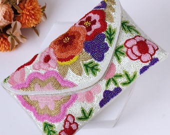 White Floral Beaded Clutch | Beaded Envelope Clutch | Floral Embroidered Purse | Handcrafted Summer Special Bag | Gift for Her