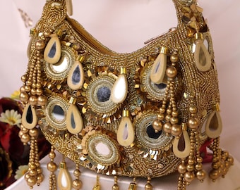 Golden Beaded Mirror Bag | Crescent Bag | Mirror Moon Bag | Bridal Purse | Wedding Bag