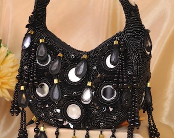 Black Mirror Beaded Bag | Bohemian style Crescent Bag | Mirror Moon Bag | Statement Purse