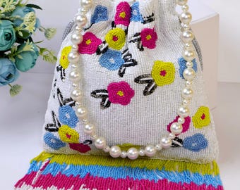 White Floral Beaded Potli Bag | Pretty Drawstring Pouch Purse | Handcrafted Embroidered Bag with Tassels