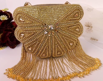 Golden Bridal Purse with Long Tassels | Indian Handcrafted Wedding Handbag | Embroidered Clutch Bag