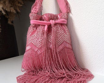 Pink Beaded Potli Bag with Long Fringes | Handcrafted Bride To Be Bag | Baby Pink Statement Purse | Bridal Handbag