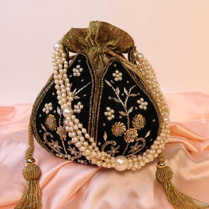 Embroidered Black Lotus Potli Bag with Zardozi work | Indian Handcrafted Purse, Evening Bag, Bridal Clutch