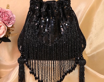 Black Sequin Beaded Potli Bag | Drawstring Wedding Clutch | Statement Purse