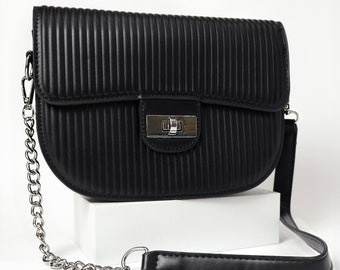 Black Crossbody Bag: Elegant Flap Purse with Silver Chain