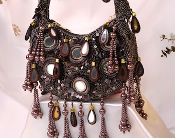 Brown Beaded Mirror Bag | Bohemian style Crescent Bag | Mirror Moon Bag | Statement Purse