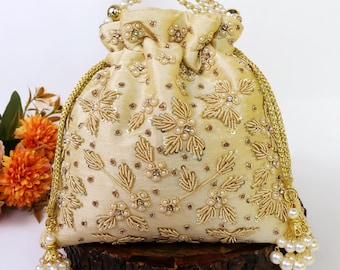 Beautiful Cream Potli Bag with Zardozi Embroidery | Beige Potli Bag | Light Gold Potli | Indian Handcrafted Potli | Bridal Purse