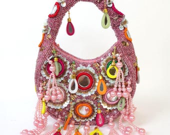 Pink Beaded Mirror Bag | Boho Multicolor Moon Bag | Bolsa De Espejo | Bridesmaid Purse