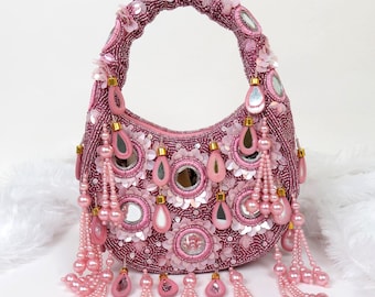 Pink Beaded Mirror Bag | Bohemian style Crescent Bag | Mirror Moon Bag | Bridesmaid Purse