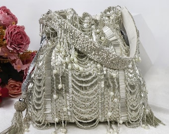 Silver Beaded Potli Bag | Cutdana Beads Embroidered Bridal Purse | Wedding Clutch | Indian Handcrafted Potli