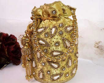 Golden Embroidered Potli Bag | Pearl & Stone Embellished Indian Handcrafted Purse