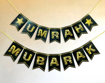 Umrah Mubarak Banner, Omra Mubarak Banner, Umrah Bunting with Golden floral letters, Umrah Decor, Umrah Gifts, Umrah Party Ideas