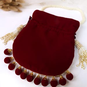Maroon Velvet Embroidered Potli Bag | Bridal Drawstring Pouch with Round Tassels | Indian Handcrafted Wedding Purse image 15