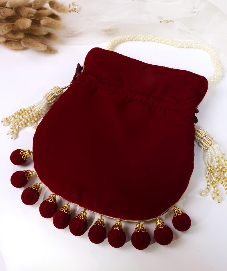 Maroon Velvet Embroidered Potli Bag | Bridal Drawstring Pouch with Round Tassels | Indian Handcrafted Wedding Purse image 15