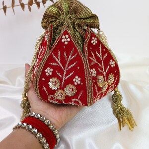 Red Lotus Potli Bag | Maroon Potli Bag | Embroidered Lotus Potli with Zardozi work | Indian Handcrafted Purse | Evening Bag | Bridal Clutch image 10