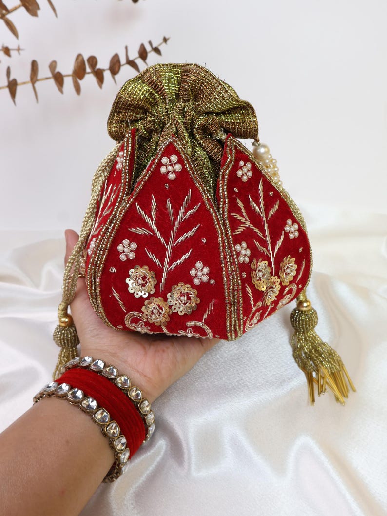 Red Lotus Potli Bag | Maroon Potli Bag | Embroidered Lotus Potli with Zardozi work | Indian Handcrafted Purse | Evening Bag | Bridal Clutch image 10