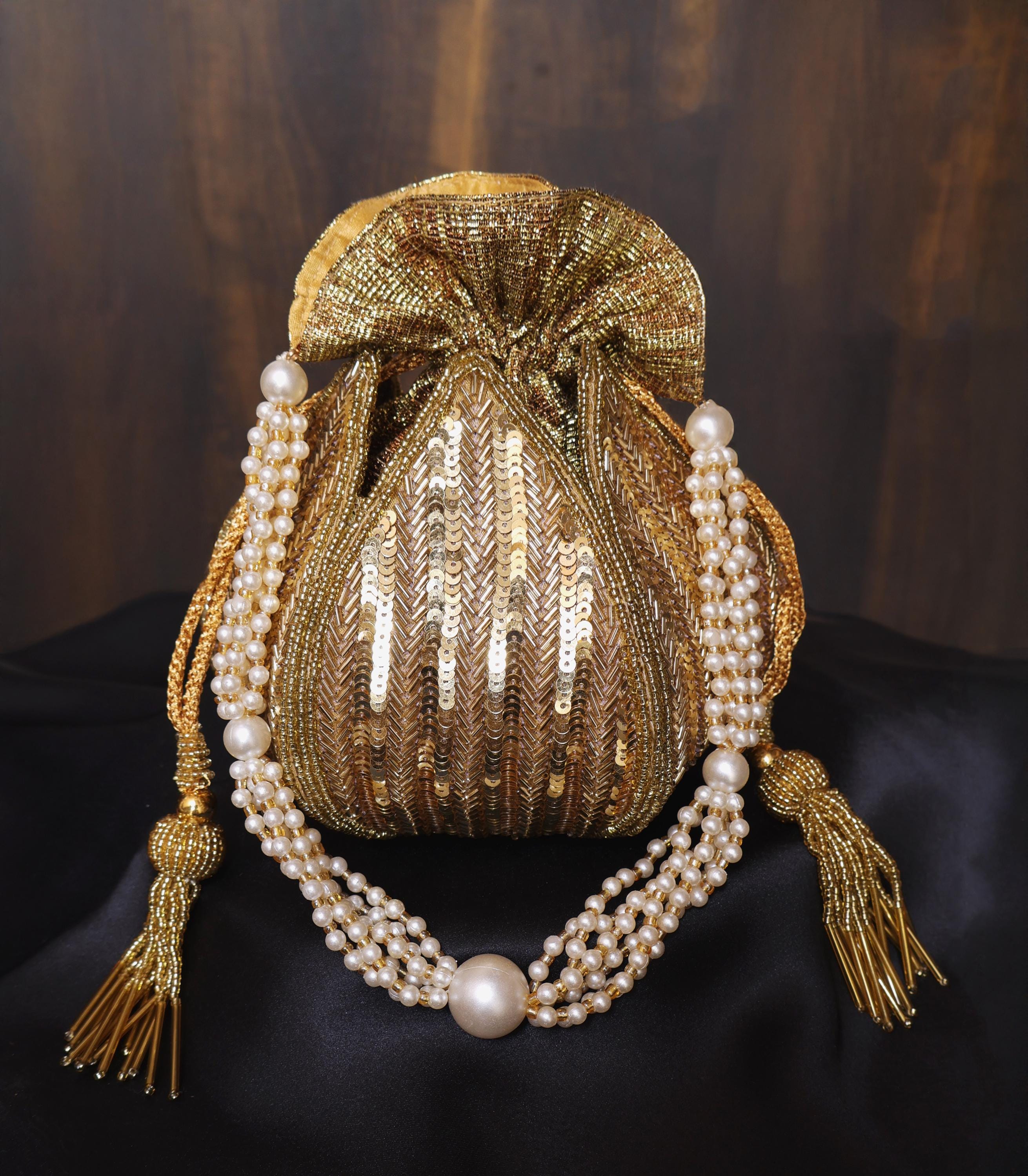 Golden Lotus Potli Bag: Sequined Indian Bridal Clutch with Pearl Handle