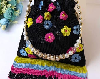 Black Floral Beaded Potli Bag | Pretty Drawstring Pouch Purse | Handcrafted Embroidered Bag with Tassels