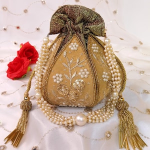 Red Lotus Potli Bag | Maroon Potli Bag | Embroidered Lotus Potli with Zardozi work | Indian Handcrafted Purse | Evening Bag | Bridal Clutch Golden