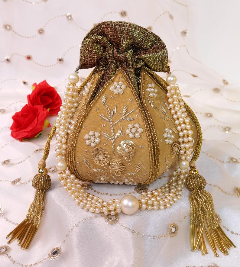 Red Lotus Potli Bag | Maroon Potli Bag | Embroidered Lotus Potli with Zardozi work | Indian Handcrafted Purse | Evening Bag | Bridal Clutch Golden