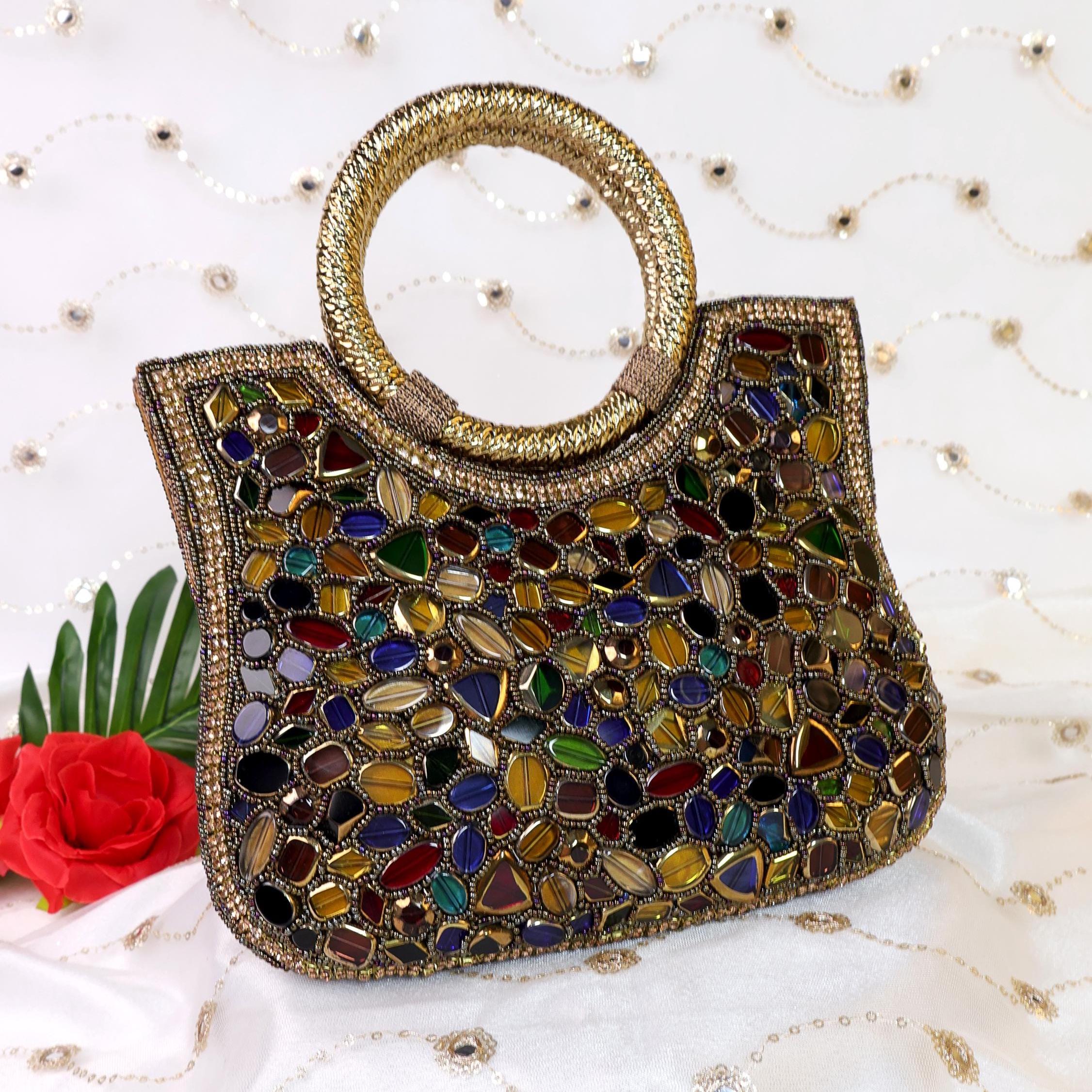 Antique Gemstones Embellished Clutch Bag | Stone Studded Bridal Purse | Wedding Bag | Indian Handcrafted Bag | Gemstone Bag | Gift for Her