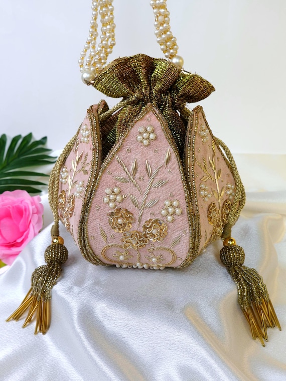 Peach Lotus Potli Bag | Zardozi Embroidered Bridal Clutch | Indian Handcrafted Purse | Evening Bag