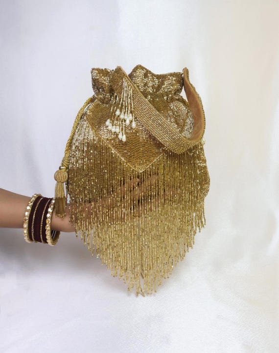Golden V-Shaped Bridal Potli Bag: Embellished Pouch Purse for Weddings