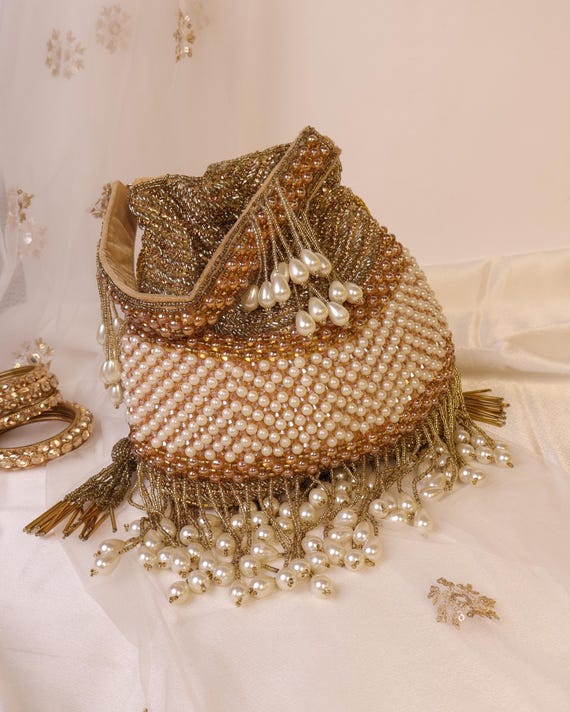 Golden Bridal Potli Bag: Pearls & Stones Embellished, Indian Handcrafted Purse