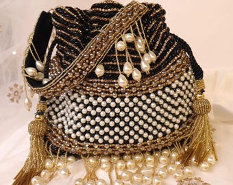 Black & Gold Potli Bag: Handcrafted Indian Bridal Purse with Pearls