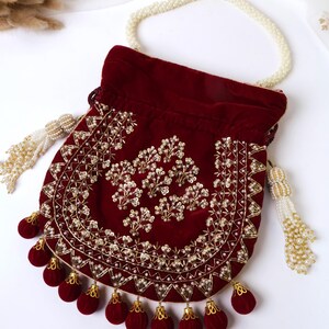 Maroon Velvet Embroidered Potli Bag | Bridal Drawstring Pouch with Round Tassels | Indian Handcrafted Wedding Purse image 13