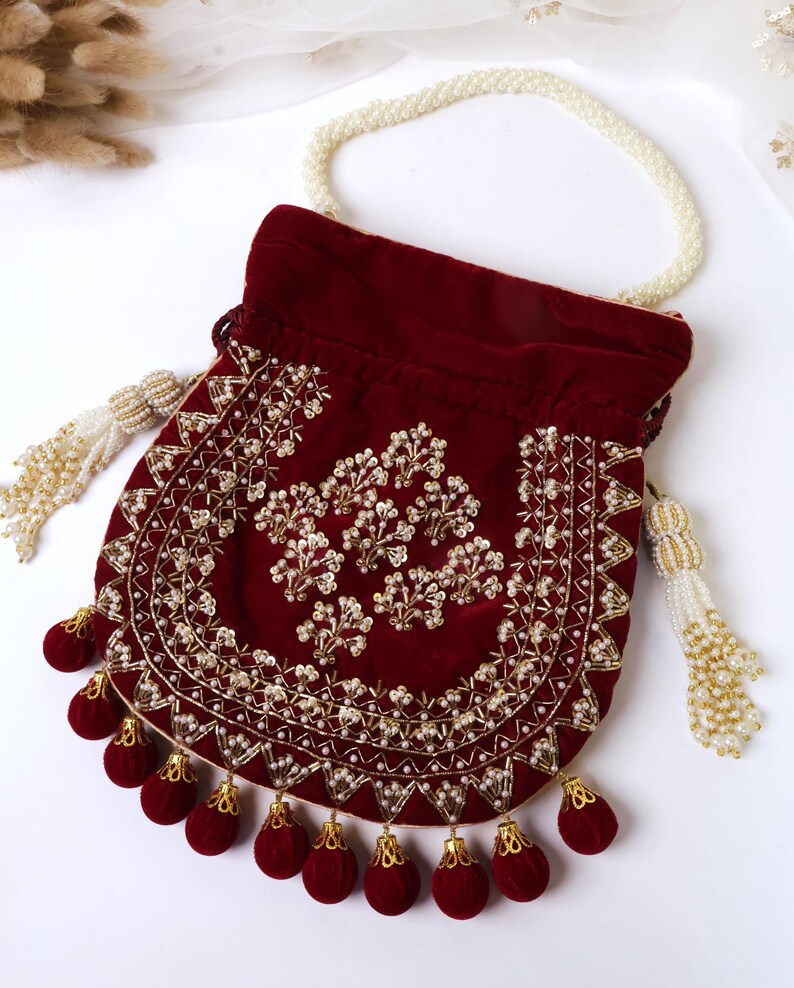 Maroon Velvet Embroidered Potli Bag | Bridal Drawstring Pouch with Round Tassels | Indian Handcrafted Wedding Purse image 13
