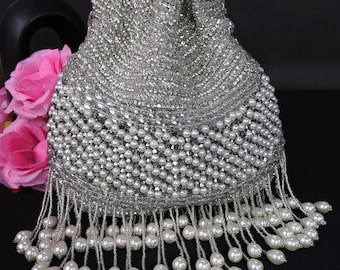 Silver Rhinestone Embellished Potli Bag | Handcrafted Bridal Purse with Pearls | Beaded Drawstring Purse