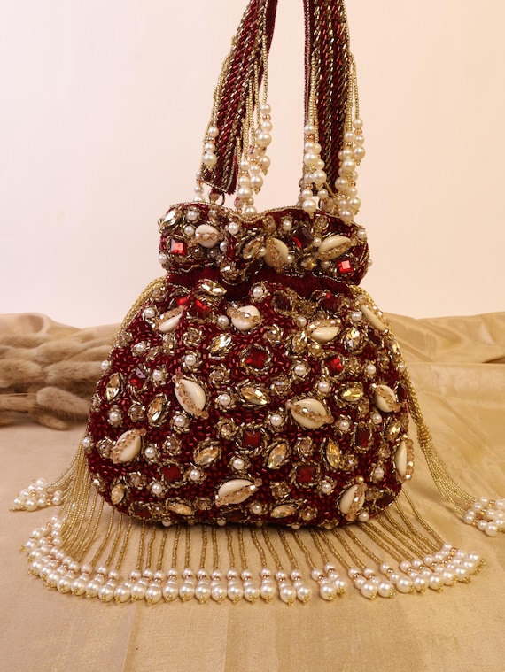 Maroon Bridal Potli Bag | Crystal & Shell Embroidered Indian Wedding Clutch | Drawstring Bridal Purse