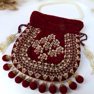 Maroon Velvet Embroidered Potli Bag | Bridal Drawstring Pouch with Round Tassels | Indian Handcrafted Wedding Purse image 12