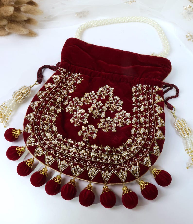 Maroon Velvet Embroidered Potli Bag | Bridal Drawstring Pouch with Round Tassels | Indian Handcrafted Wedding Purse image 12