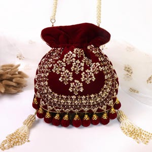 Maroon Velvet Embroidered Potli Bag | Bridal Drawstring Pouch with Round Tassels | Indian Handcrafted Wedding Purse image 2