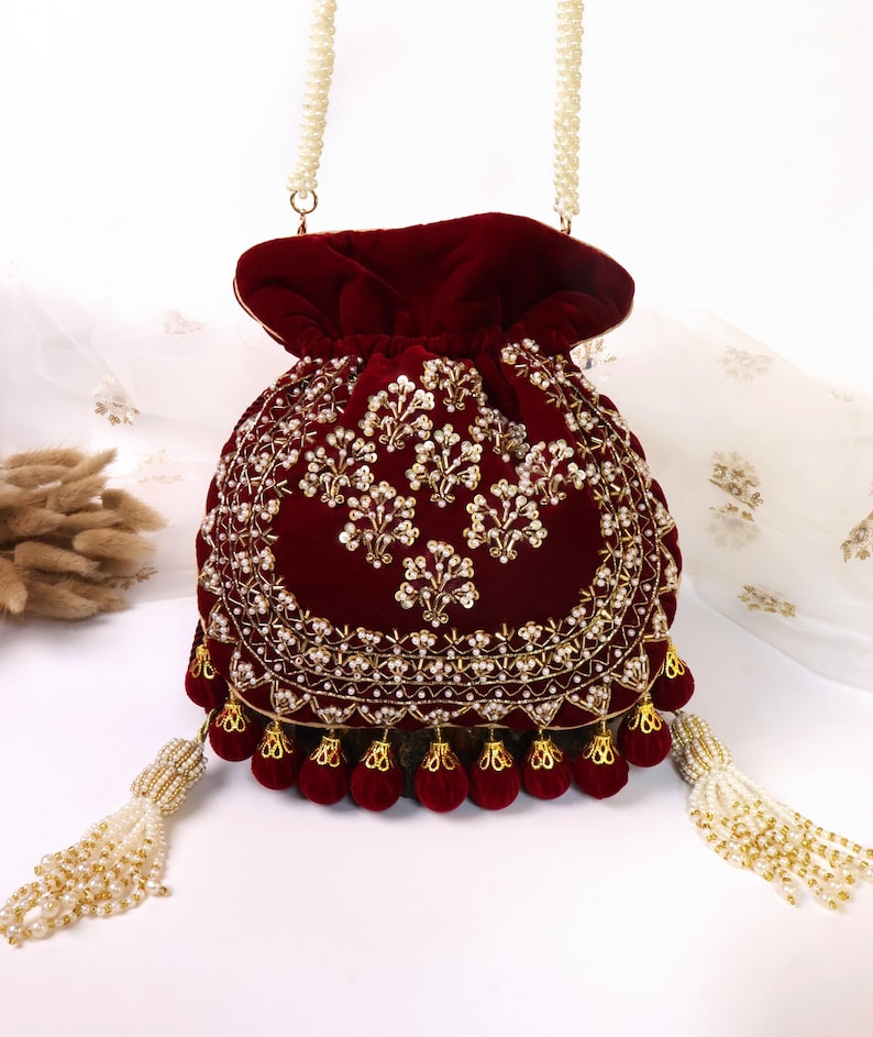 Maroon Velvet Embroidered Potli Bag | Bridal Drawstring Pouch with Round Tassels | Indian Handcrafted Wedding Purse image 2