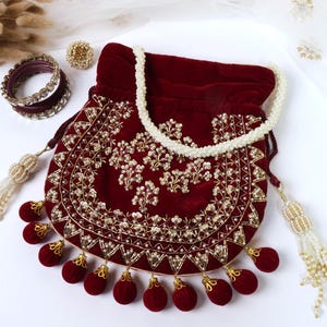Maroon Velvet Embroidered Potli Bag | Bridal Drawstring Pouch with Round Tassels | Indian Handcrafted Wedding Purse image 3