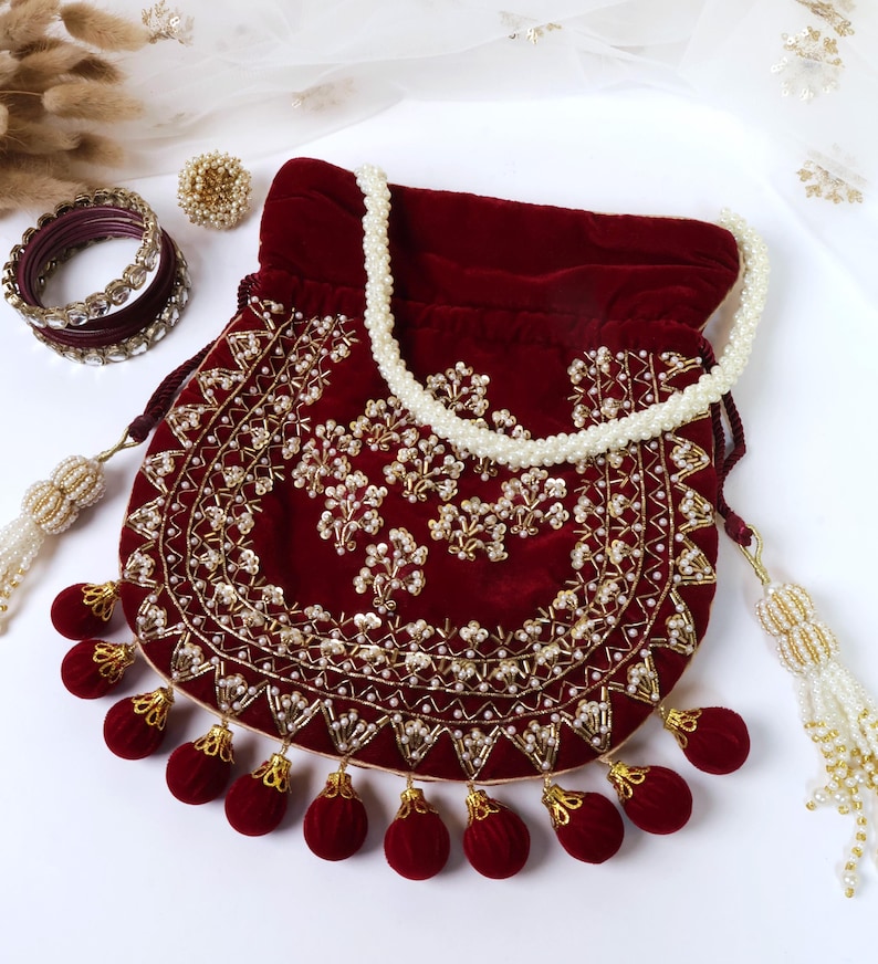 Maroon Velvet Embroidered Potli Bag | Bridal Drawstring Pouch with Round Tassels | Indian Handcrafted Wedding Purse image 3