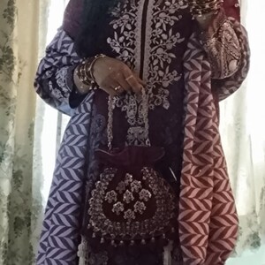 Maroon Velvet Embroidered Potli Bag | Bridal Drawstring Pouch with Round Tassels | Indian Handcrafted Wedding Purse image 5