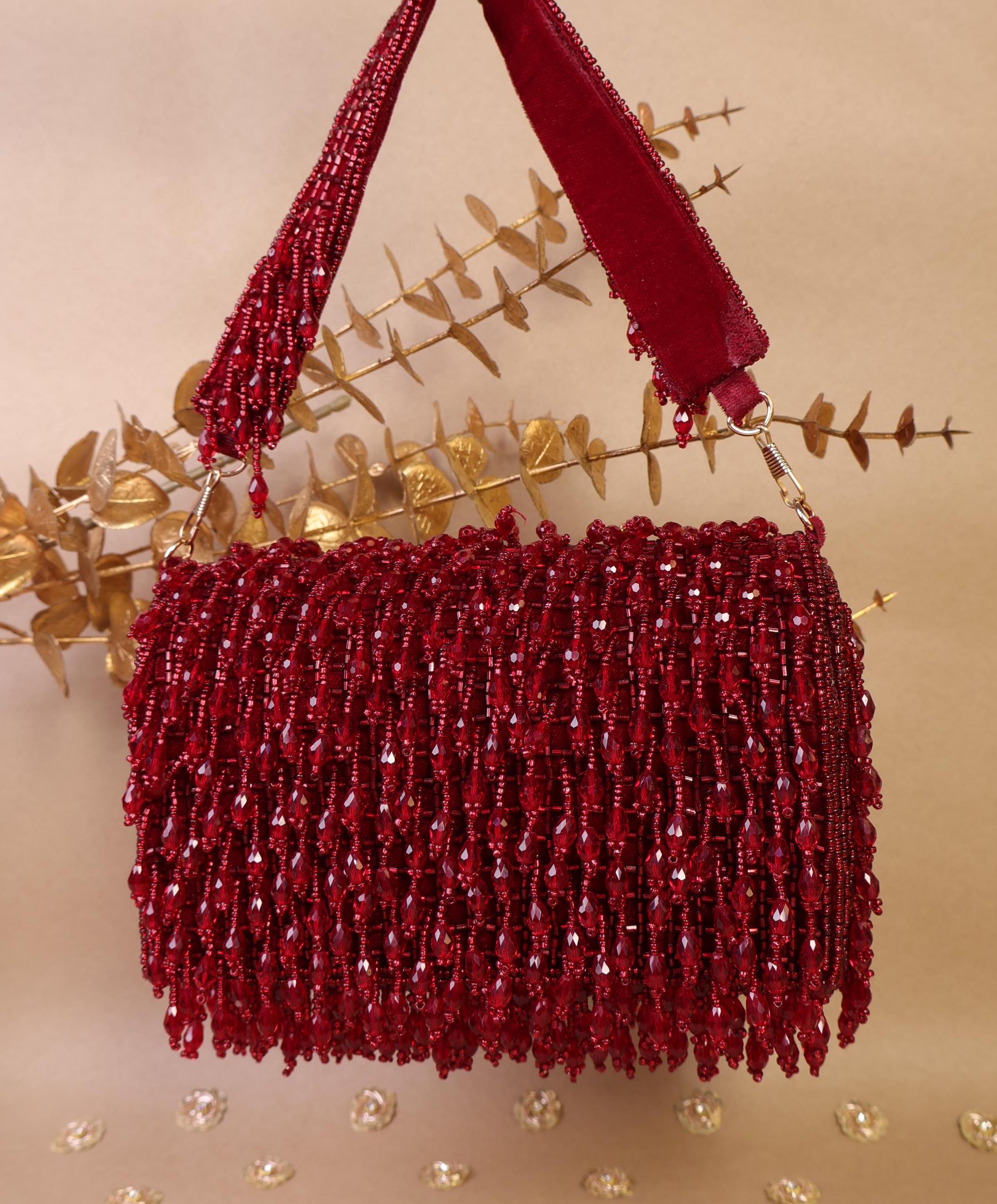 Crystal Beaded Red Clutch Bag | Dark Red Handbag With  display picture 1