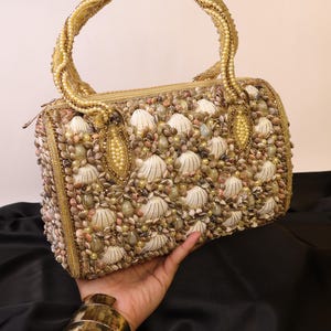 Seashell Embellished Handbag, Golden Bogo Bag With Coral Shells ...