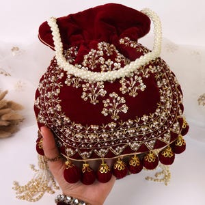 Maroon Velvet Embroidered Potli Bag | Bridal Drawstring Pouch with Round Tassels | Indian Handcrafted Wedding Purse image 8