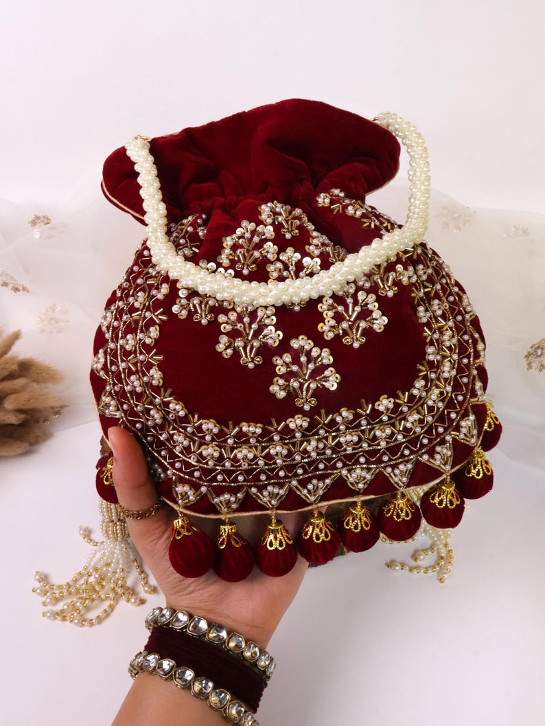Maroon Velvet Embroidered Potli Bag | Bridal Drawstring Pouch with Round Tassels | Indian Handcrafted Wedding Purse image 8