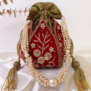Red Lotus Potli Bag | Maroon Potli Bag | Embroidered Lotus Potli with Zardozi work | Indian Handcrafted Purse | Evening Bag | Bridal Clutch Red