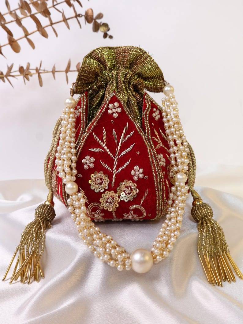 Red Lotus Potli Bag | Maroon Potli Bag | Embroidered Lotus Potli with Zardozi work | Indian Handcrafted Purse | Evening Bag | Bridal Clutch Red