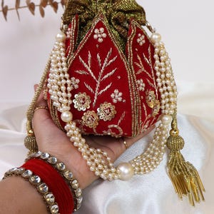 Red Lotus Potli Bag | Maroon Potli Bag | Embroidered Lotus Potli with Zardozi work | Indian Handcrafted Purse | Evening Bag | Bridal Clutch image 9