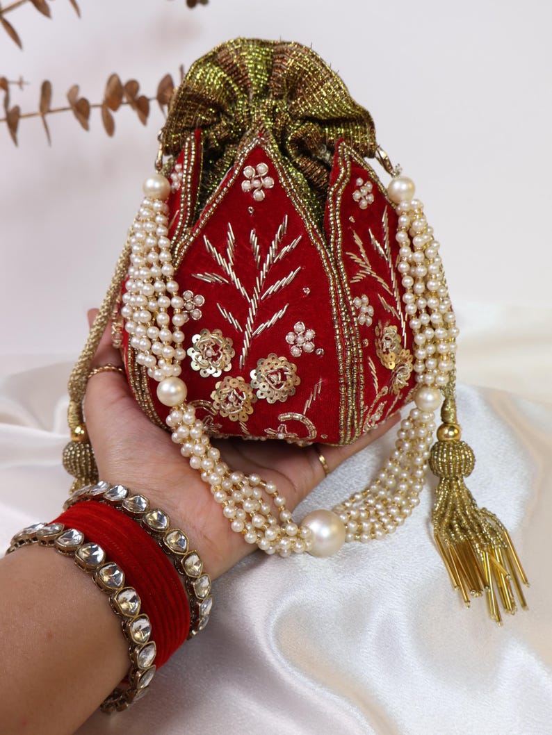 Red Lotus Potli Bag | Maroon Potli Bag | Embroidered Lotus Potli with Zardozi work | Indian Handcrafted Purse | Evening Bag | Bridal Clutch image 9
